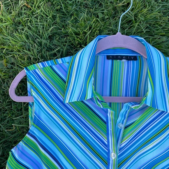 Y2K vintage blue collared striped sleeveless top - Picture 6 of 7